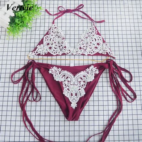 Vertvie Female Bikinis Sets Women Stripped Lace Up Diamond Bandage