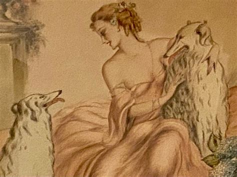 French Art Deco Colored Lithograph Of Woman With Wolfhounds Signed