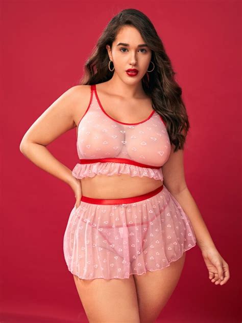 Plus Heart Print Mesh Ruffle Trim Lingerie Set Shein Usa