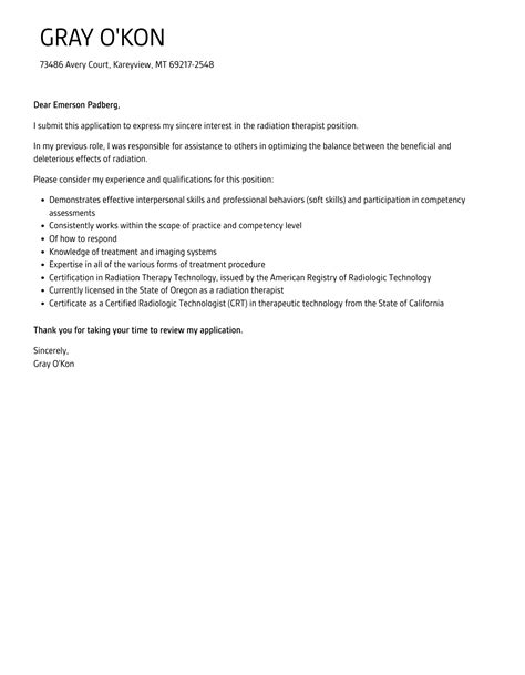 Radiation Therapist Cover Letter Velvet Jobs