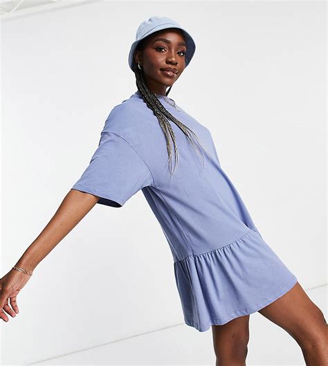 Asos Design Tall Oversized T Shirt Dress With Frill Hem In Blue Blues