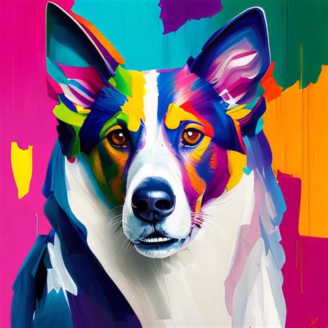 Una Pintura Colorida De Un Perro Con Una Nariz Negra Y Una Cara Blanca