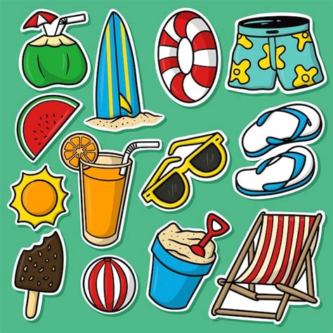 Premium Vector Sticker Set Summer Beach Cartoon Vector