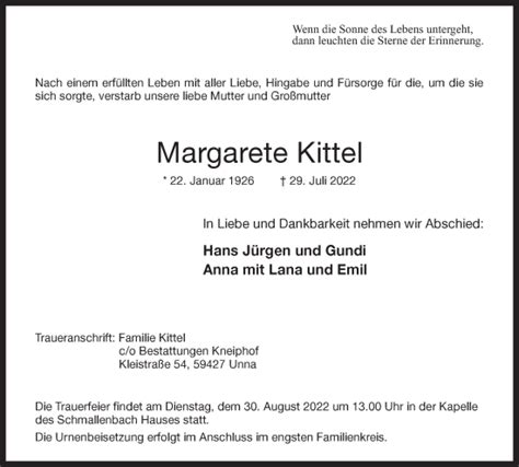 Traueranzeigen Von Margarete Kittel Sich Erinnern De