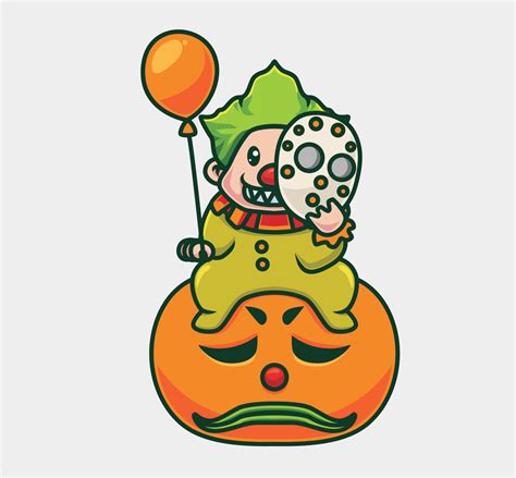 cute clown holding balloon on giant pumpkin. Isolated cartoon animal ...