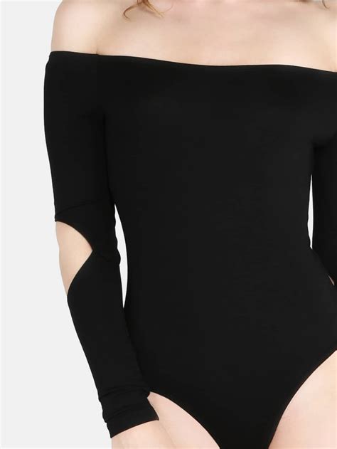 Off The Shoulder Cutout Elbow Bodysuit Black Sheinsheinside