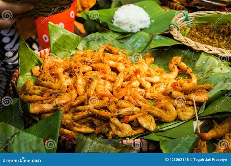 Spicy Fried Shrimp Served In Green Banana Leaf From Central Java Stock