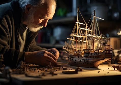 Premium AI Image | A timelapse image of a man meticulously assembling a model ship piece by ...