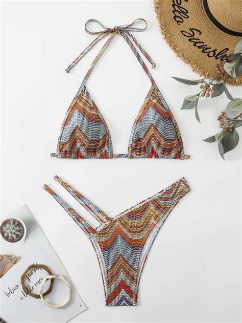 Striped Cut Out Halter Triangle Thong Bikini Swimsuit Shein Usa