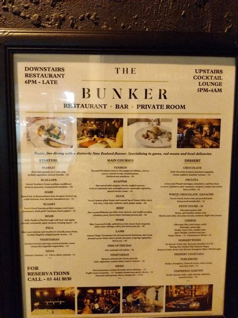 Menu at The Bunker restaurant and bar, Queenstown