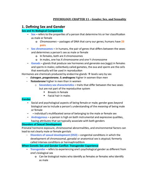 Chapter 11 Notes Gender Sexual Identity PSYCHOLOGY CHAPTER 11 Gender Sex And Sexuality