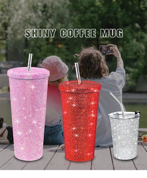 Insulated Double Wall Travel Coffee Cup Purple Bling Rhinestone