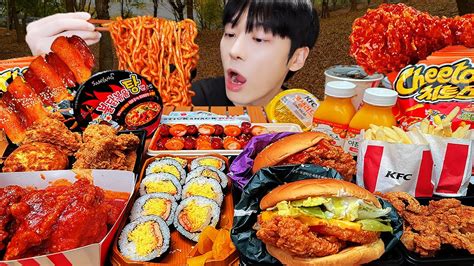 Asmr Mukbang 직접 만든 치즈 불닭볶음면 양념치킨 김밥 치즈스틱 먹방 Fried Chicken And Fire