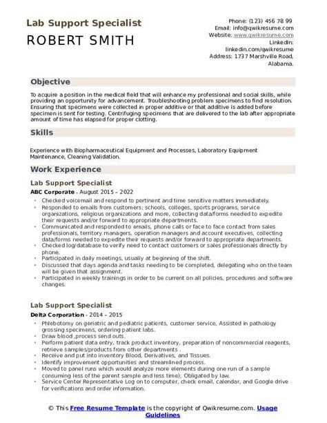 Lab Support Specialist Resume Samples Qwikresume