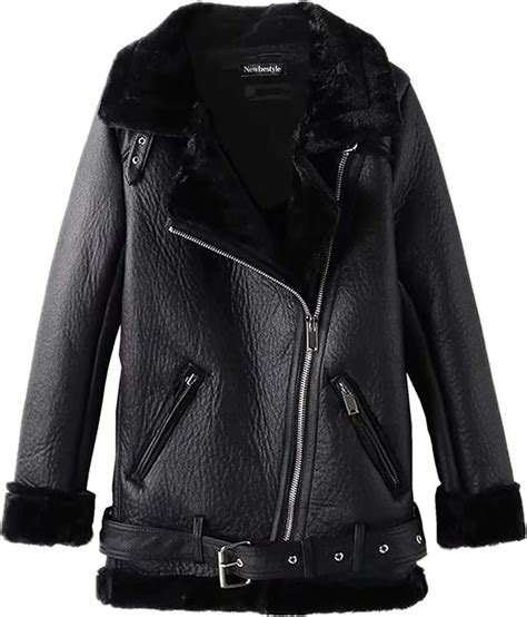 Newbestyle Womens Faux Leather Moto Jacket Warm Sherpa Lined Oversized Biker Jacket Coat