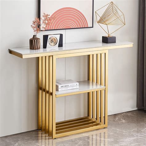 Amazon SSLine Modern White Gold Console Table Luxury 2 Tier