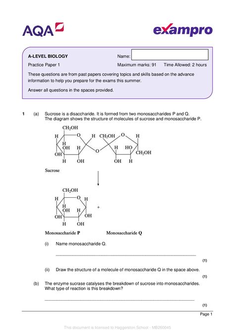 Aqa A Level Biology 74021 Paper 1 June 2021 Browsegrades