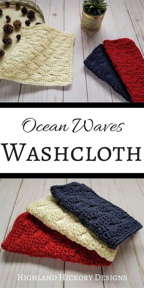 Three Crocheted Dishcloths With The Words Ocean Waves Washcloth On Them