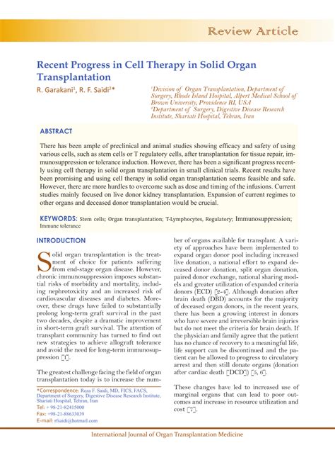 Pdf International Journal Of Organ Transplantation Medicine Review Article Recent Progress In