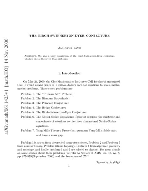 (PDF) The Birch-Swinerton-Dyer Conjecture | Jae-Hyun Yang - Academia.edu