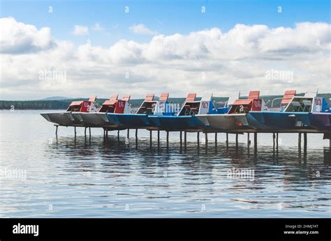 Bright Catamarans On The Pier Summer Swimming Season On The Lake Stock