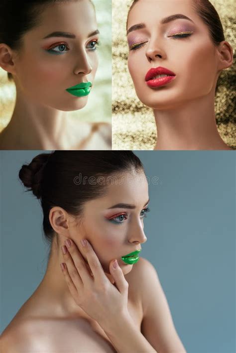 Collage Of Beautiful Naked Woman With Stock Image Image Of Blue Colorful