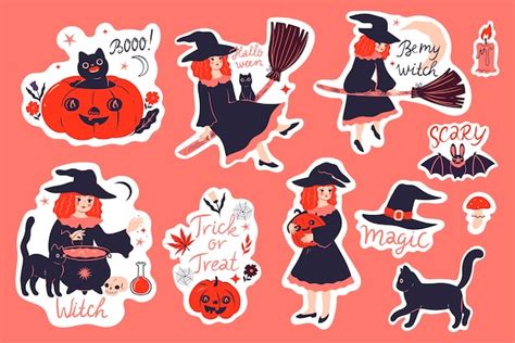 Premium Vector | Set of Halloween stickers with witches cats pumpkins ...