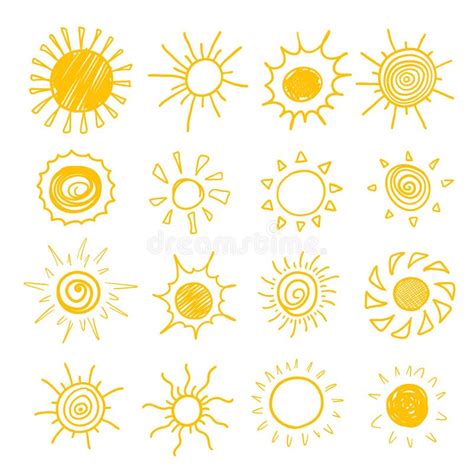 Doodle Sun Set Different Hand Drawn Suns Summer Scribbled Sun Doodles