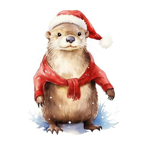 Premium Ai Image Otter Christmas Holiday Fantasy Watercolor