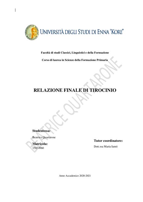 RELAZIONE FINALE DI TIROCINIO SCIENZE DELLA FORMAZIONE PRIMARIA Prove