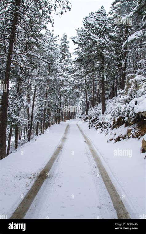 Mountain road in winter with snow Stock Photo - Alamy