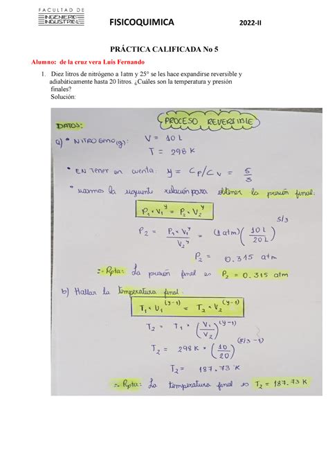 Practica Calificada 5 FQ 2022 II PRÁCTICA CALIFICADA No 5 Alumno de