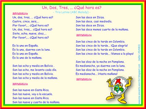 Me encanta escribir en español: Canción: 1, 2, 3, ¿Qué hora es?