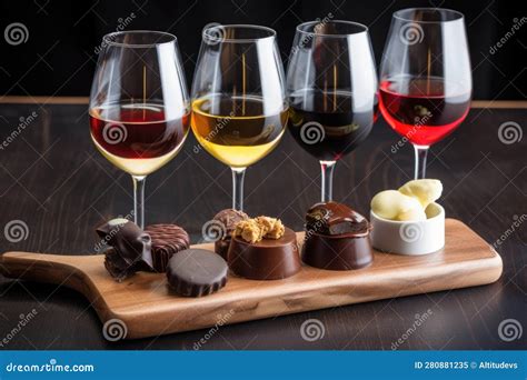 Chocolate Wine Flight Featuring Red White And Dessert Wines Paired