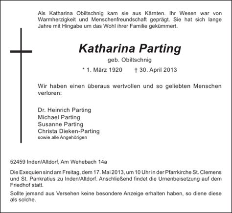 Traueranzeigen Von Katharina Parting Aachen Gedenkt