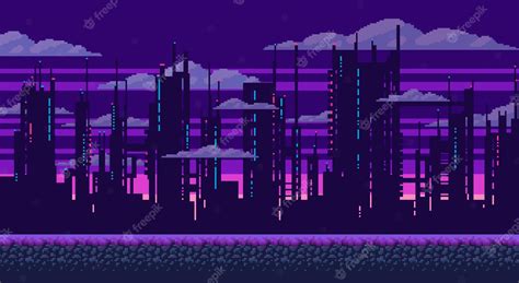 Premium Vector | Pixel art game background with ground sunset landscape sky clouds silhouette ...