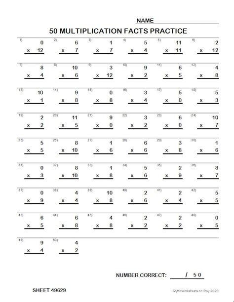 0 12 Multiplication Facts Printable Unlimited Variety 50 Or Etsy