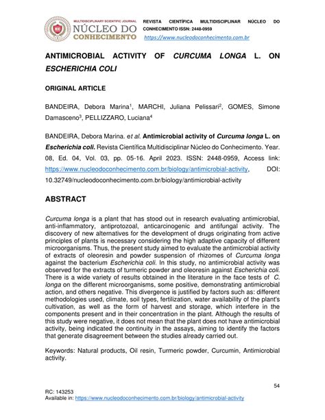 PDF Antimicrobial Activity Of Curcuma Longa L On Escherichia Coli