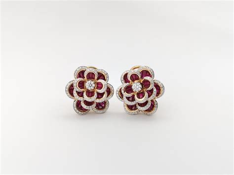 Ruby with Diamond Flower Earrings set in 18 Karat Rose Gold Settings