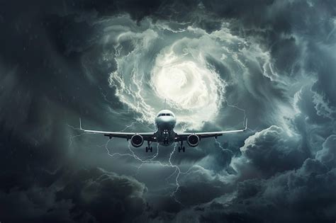 White Airplane Rising Through Stormy Skies Premium Ai Generated Vector