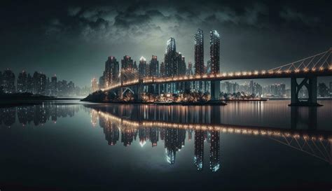 Nighttime city skyline reflected on waterfront surface generated by AI ...