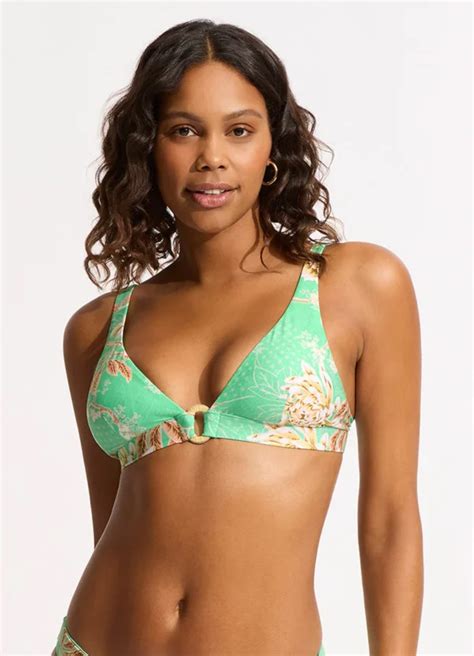 Seafolly Eden Longline Tri Bikini With Ruched Side Retro Bottom Mint