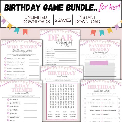 Printable Birthday Games For Her Birthday Party Game Bundle Instant