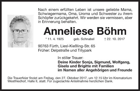 Traueranzeigen von Anneliese Böhm trauer nn de