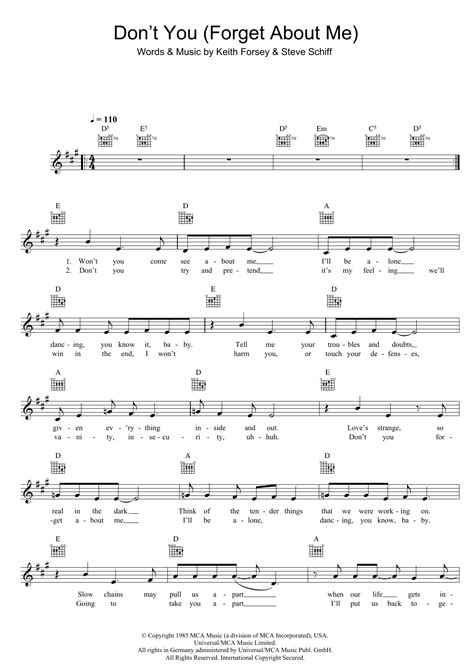 Don T You Forget About Me Sheet Music Simple Minds Lead Sheet