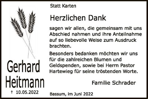 Traueranzeigen Von Gerhard Heitmann Trauer Kreiszeitung De