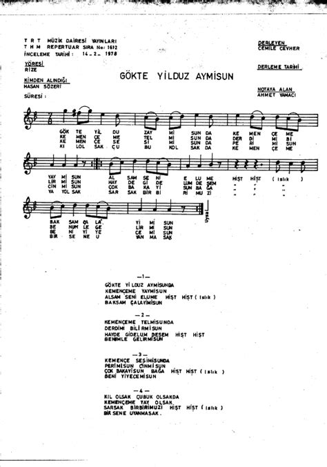 GÖKTE YILDUZ AY MİSUN Sözleri ve Notaları Türk Halk Musikisi Türkü Seli