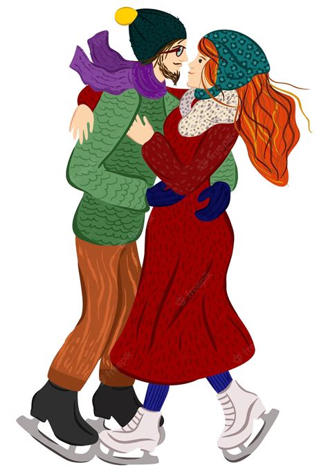 Premium Vector Figure Skating Winter Dating Concept Man And Woman Skating And Embracing On