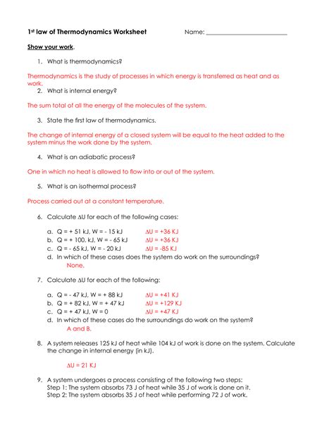 1st Law Of Thermodynamics Worksheet