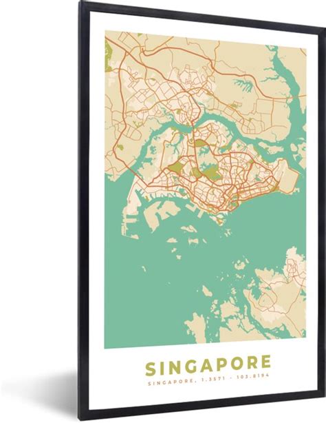 Fotolijst Incl Poster Singapore Plattegrond Stadskaart Vintage